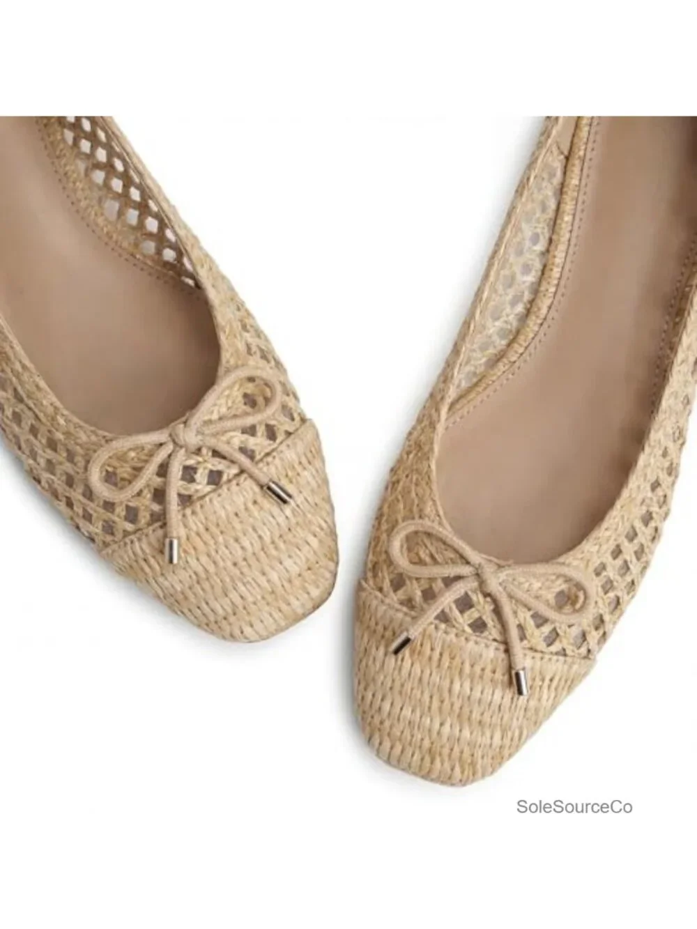 Women's Woven Raffia Ballet Flats Bow Slip On Square Toe Comfort Shoes